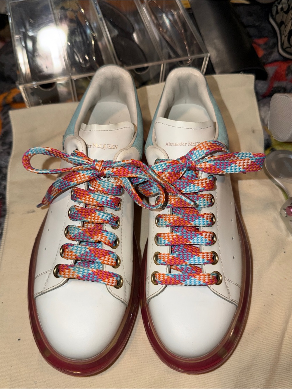 Alexander McQueen White Leather Sneakers with Multicolor Laces